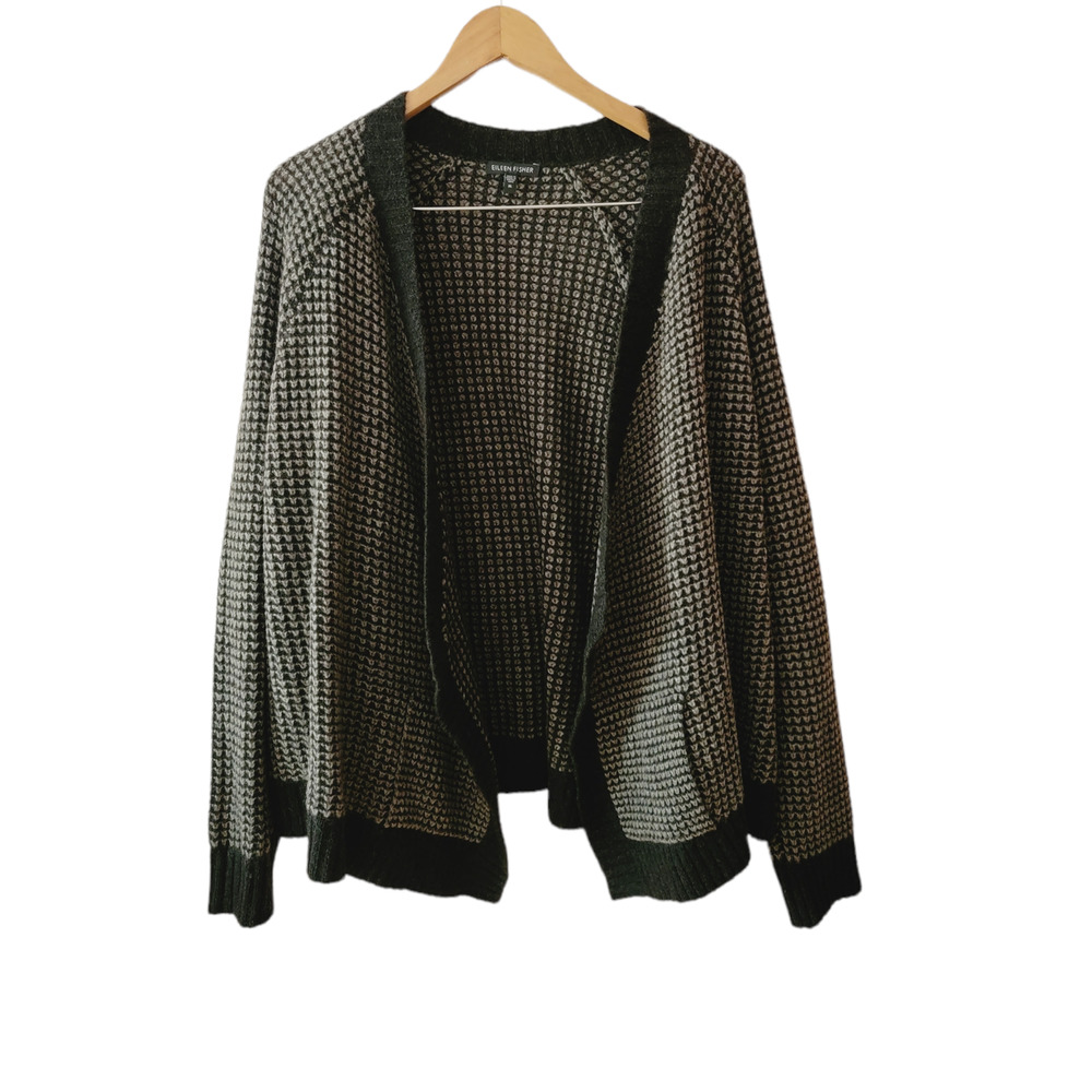 Eileen Fisher Gray Yak Wool Textured Chunky Knit Cardigan Sweater Elbow Patches